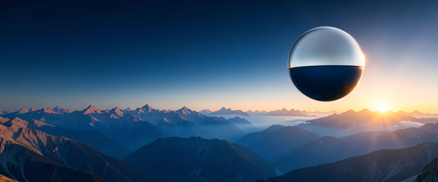 A Neptune-blue and silver sphere floating above Earth's mountains at sunrise.